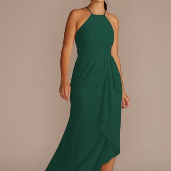 NEW HIGH NECK CHIFFON BRIDESMAID PROM DRESS WITH CASCADE - Picture 2 of 6